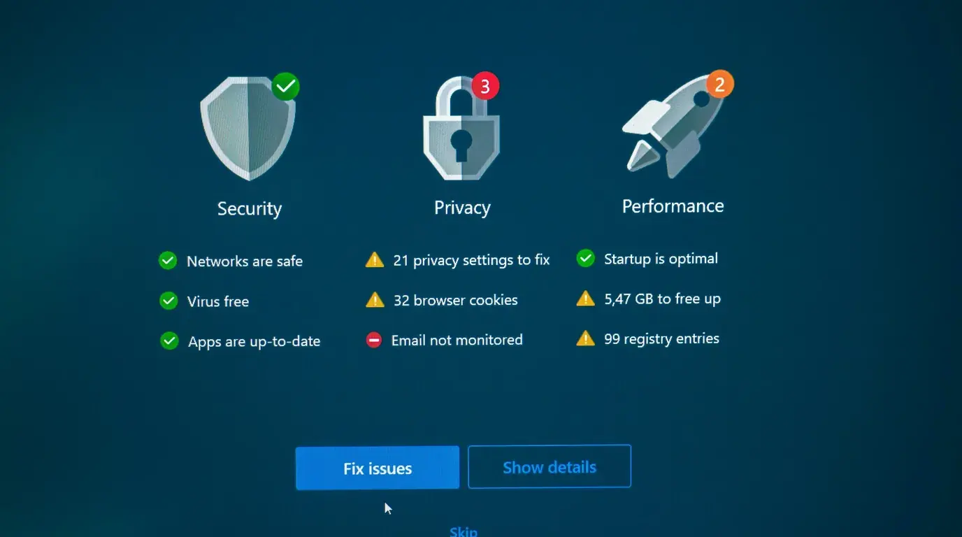 A computer maintenance panel listing Security, Privacy and Performance checks, above a Fix issues button.