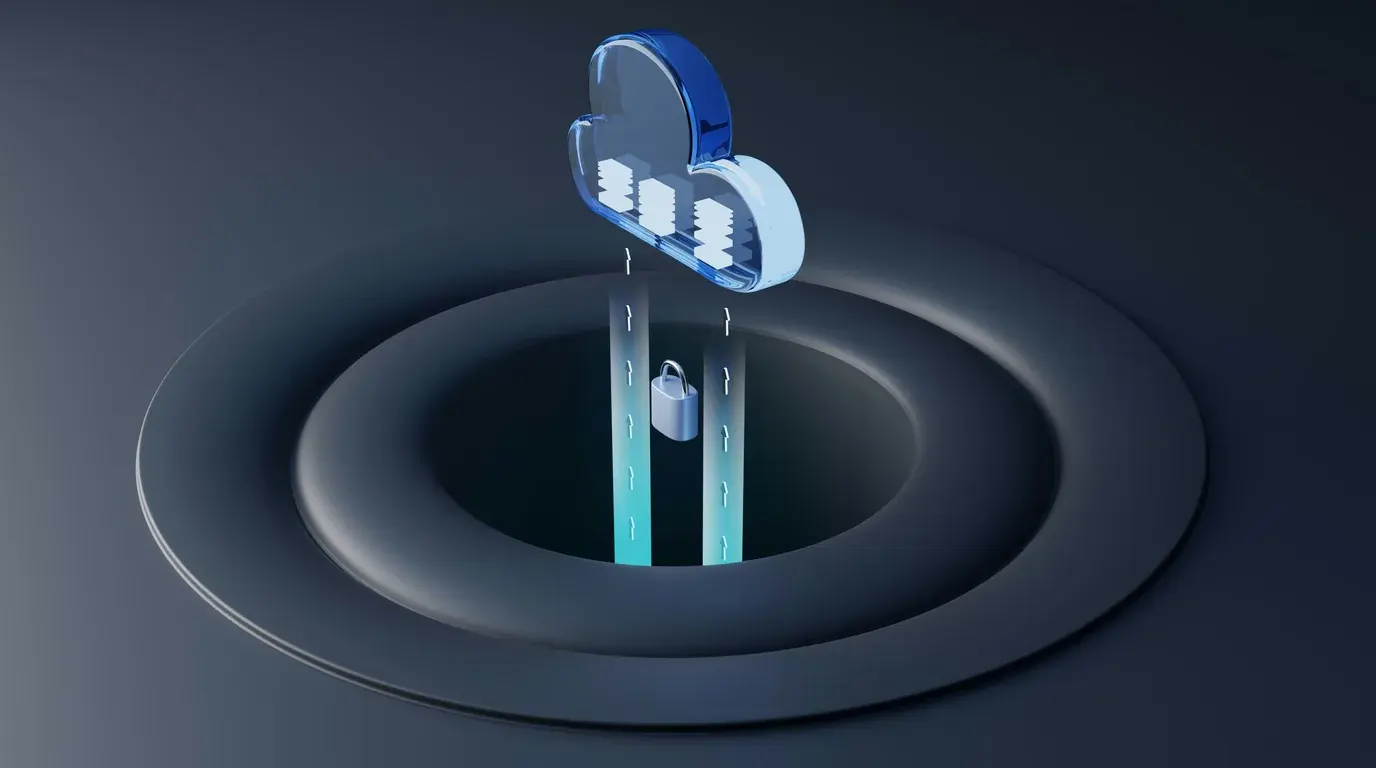 A glass cloud holding stacked server units above a dark dish, two arrowed beams of light rising to it past a padlock.